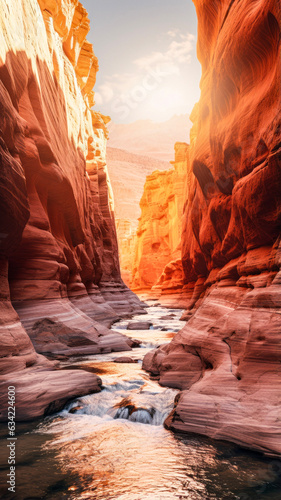 A red rock canyon with a river at golden hour