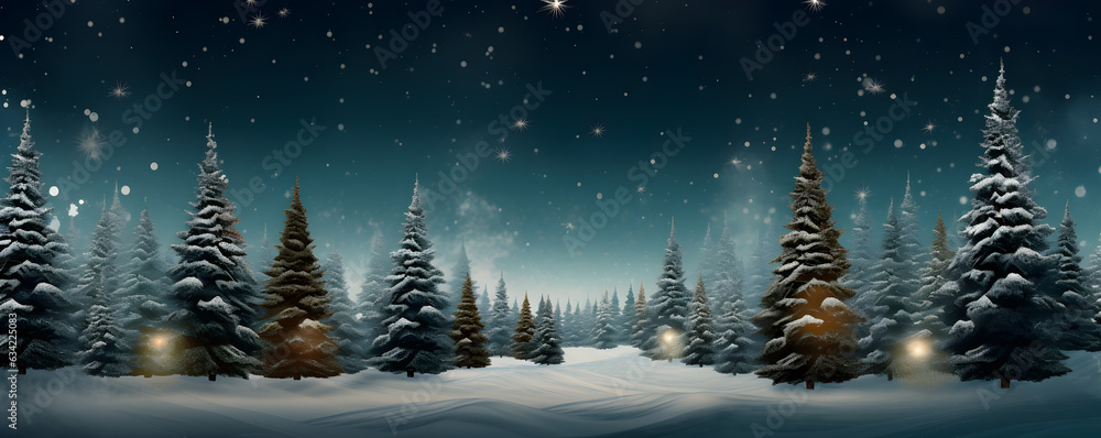 Christmas trees in winter forest landscape with snow background, AI generate