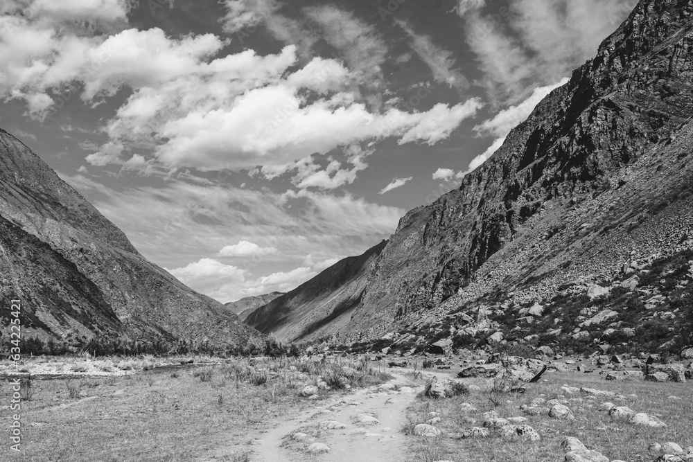 Chulyshman valley in Altai. Black and white toned image 