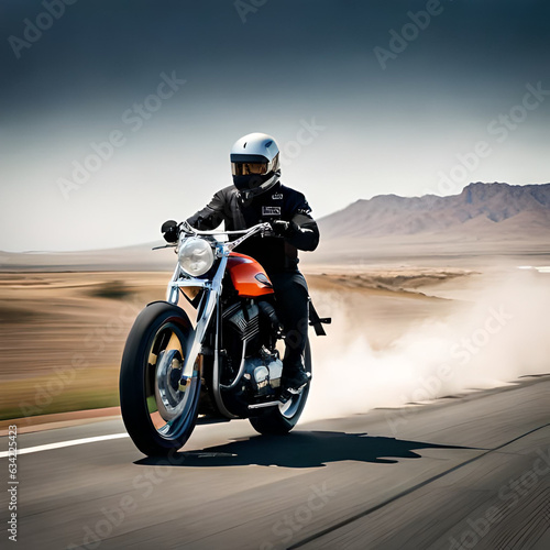 A man rides a motorcycle in the desert