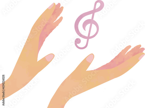 差し出した両手の間に浮かぶピンクのト音記号