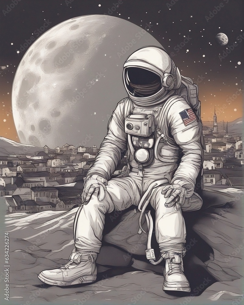 The astronaut on moon. An astronaut is enjoying sitting on the lunar soil. Art 