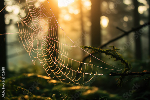 Dew-Kissed Spider Web in Dawn Forest