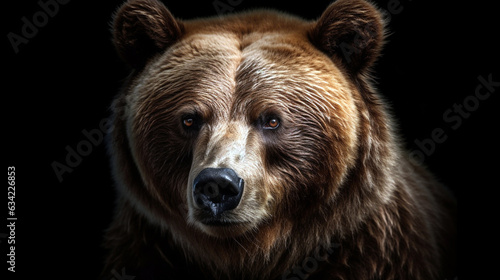 Portrait of bear. Front view of brown bear isolated on black background