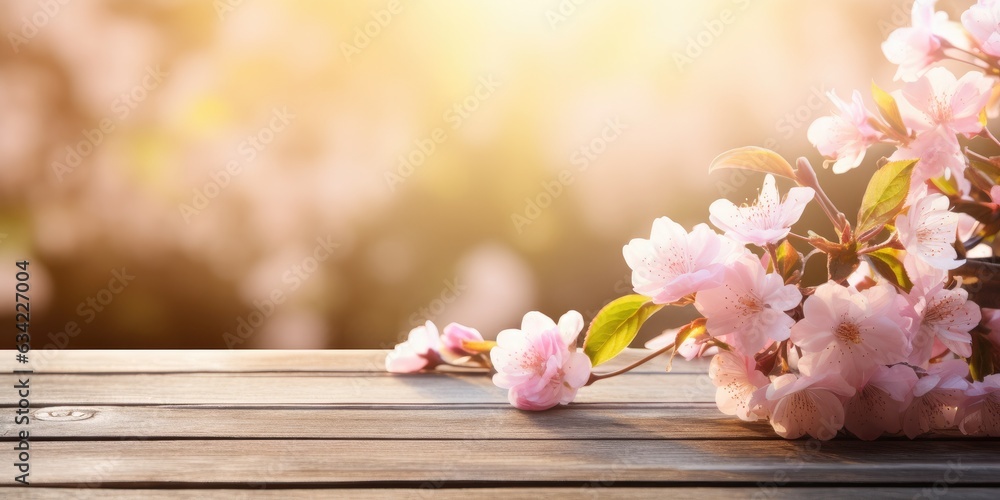 wooden table background with pink blossoms and sunlight on the ground, generative AI wooden table background with pink blossoms and sunlight on the ground, generative AI