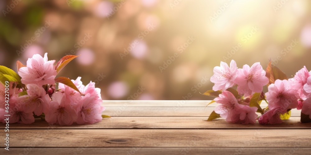 wooden table background with pink blossoms and sunlight on the ground, generative AI wooden table background with pink blossoms and sunlight on the ground, generative AI