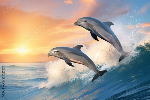 AI Generated Playful dolphins jumping over breaking waves. Hawaii Pacific Ocean wildlife scenery. Marine animals in natural habitat