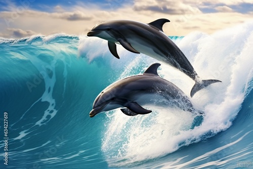 AI Generated Playful dolphins jumping over breaking waves. Hawaii Pacific Ocean wildlife scenery. Marine animals in natural habitat © artfisss