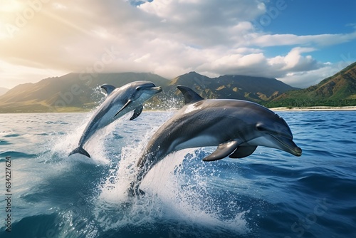 AI Generated Playful dolphins jumping over breaking waves. Hawaii Pacific Ocean wildlife scenery. Marine animals in natural habitat