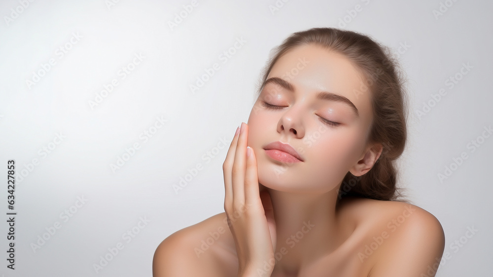 Portrait of a salon model with hand on face and clear skin with light grey background