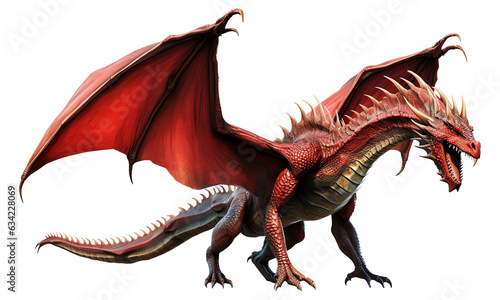 Red powerful dragon with big wings and legs isolated on transparent background - Generative AI
