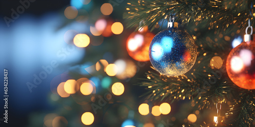 Christmas tree decoration with lights bokeh blurred background, AI generate