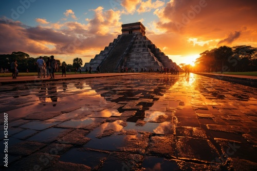Epic Moments in History: Mayan Pyramids Awash in Sunset's Glow Generative AI