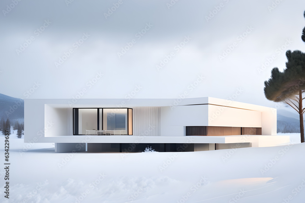モダンな建築、真っ白、雪の中の別荘｜Modern architecture, pure white, villa in the snow. Generative AI