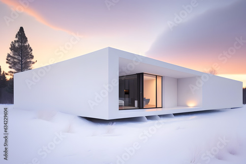 モダンな建築、真っ白、雪の中の別荘｜Modern architecture, pure white, villa in the snow. Generative AI