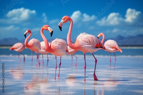Wild african birds. Group birds of pink african flamingos walking around the blue lagoon on a sunny day © artfisss