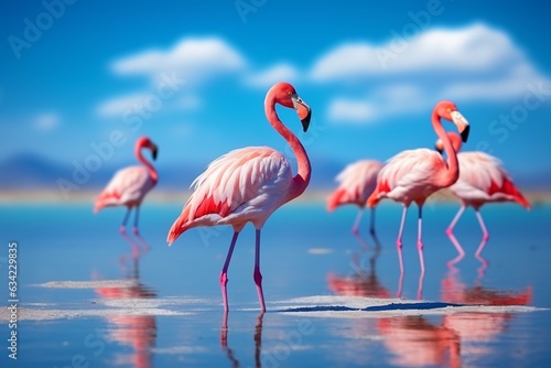 Wild african birds. Group birds of pink african flamingos walking around the blue lagoon on a sunny day © artfisss