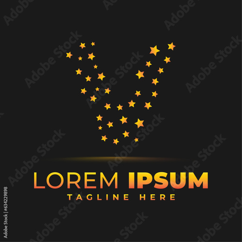 Gradient v letter pattern logo template with golden stars