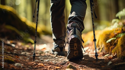 Close up of legs of person in hiking shoes walking in the forest, using hiking stick, Generative AI © Intelligence Studio
