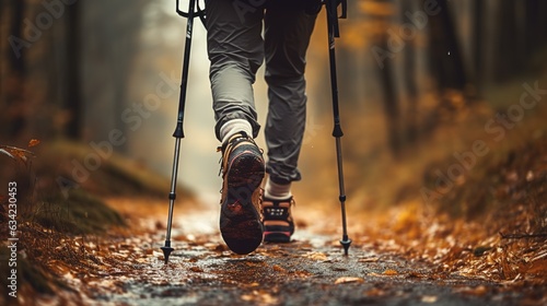 Close up of legs of person in hiking shoes walking in the forest, using hiking stick, Generative AI photo