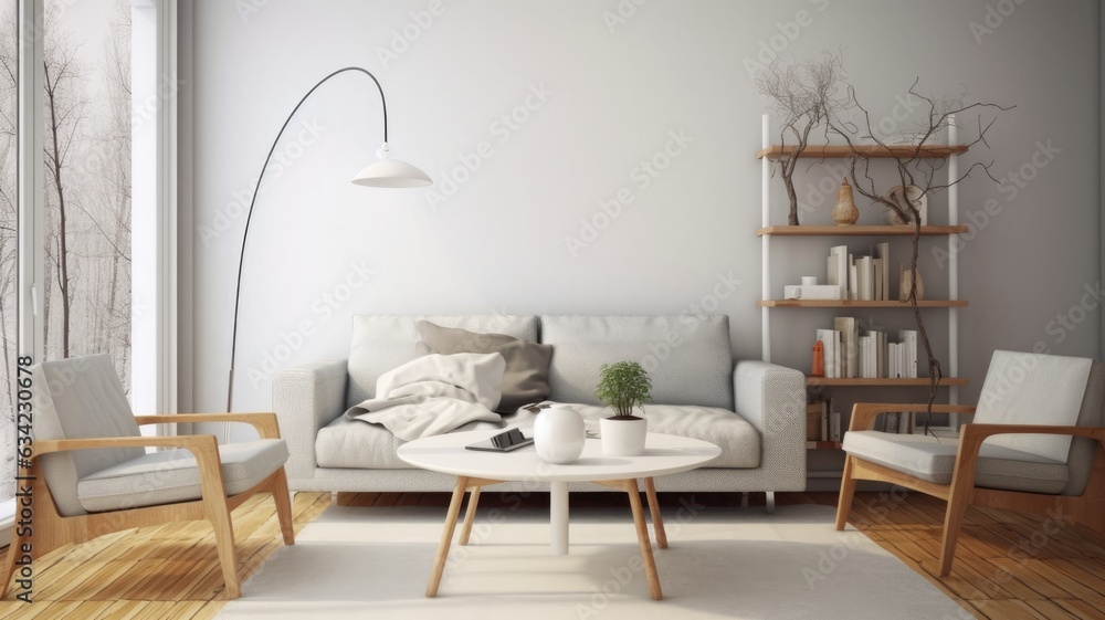 Φωτογραφία The minimal interior design of a white and brown living room with a carpet on the wooden floor