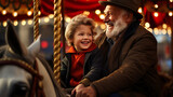 In the summertime joy, a senior man and his grandson relish a carousel ride, embodying happiness and togetherness in the midst of fun.