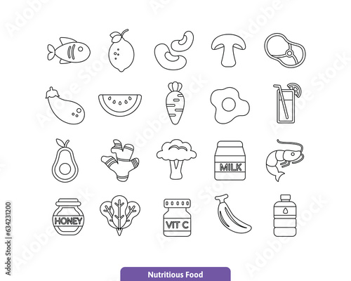 Nutritious Food Icon Set. Healthy and Nutrition Food Collection in Outline Style for web or design. Vector EPS