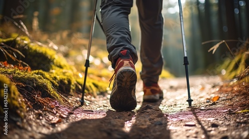 Close up of legs of person in hiking shoes walking in the forest, using hiking stick, Generative AI