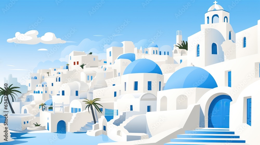 illustration of cartoon Santorini blue and white village with palm trees. - obrazy, fototapety, plakaty 
