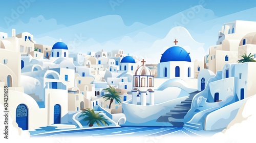 illustration of cartoon Santorini blue and white village with palm trees.