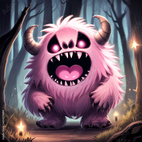 Pink fluffy monster with wide open mouth