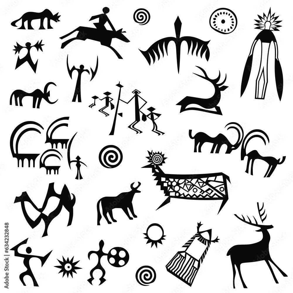 Fototapeta premium A series of petroglyphs, rock paintings of Central Asia, isolated on white background, vector design