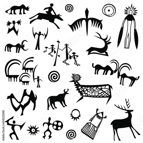 A series of petroglyphs  rock paintings of Central Asia  isolated on white background  vector design