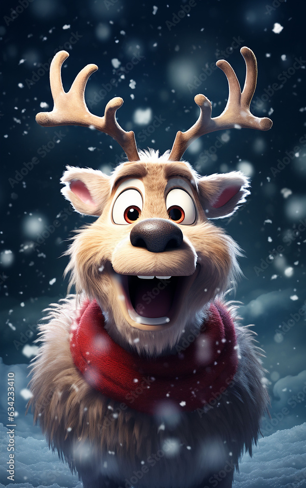 Christmas or New Year setting with a charming Santa deer illustration, up close and immersed in jubilant emotions, surrounded by gently cascading snow. Christmas or New Year setting with a charming Santa deer illustration, up close and immersed in jubilant emotions, surrounded by gently cascading snow.