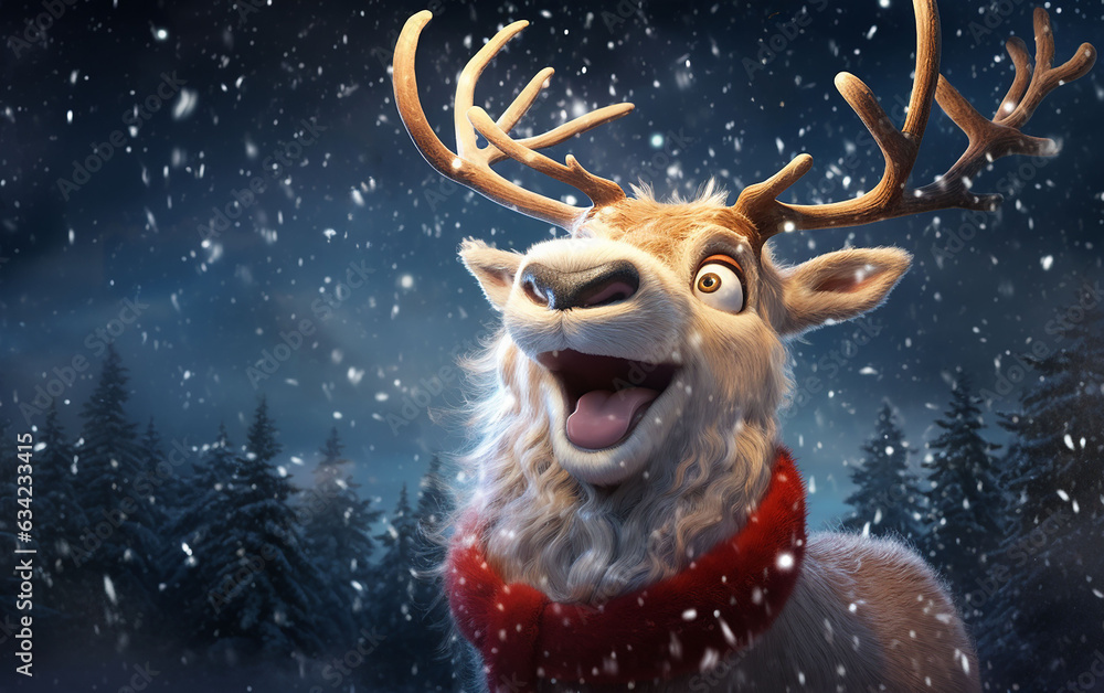 Festive New Year or Christmas backdrop featuring a close-up illustration of a cheerful Santa deer, exuding joyful emotions and surrounded by gently falling snowflakes. Festive New Year or Christmas backdrop featuring a close-up illustration of a cheerful Santa deer, exuding joyful emotions and surrounded by gently falling snowflakes.