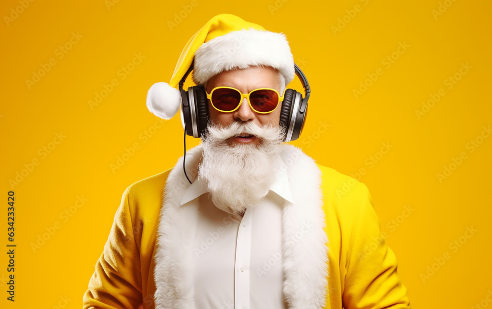 Fashionable Santa Claus wearing yellow, epitomizing the Christmas spirit.