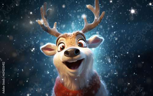 A backdrop for the festive season, portraying a delighted Santa deer in a detailed illustration, closely interacting with the falling snowflakes.
