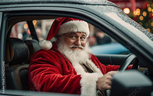 Santa Claus assumes control of a celebratory automobile, epitomizing the Christmas essence as he embarks on his journey to spread festive cheer. photo