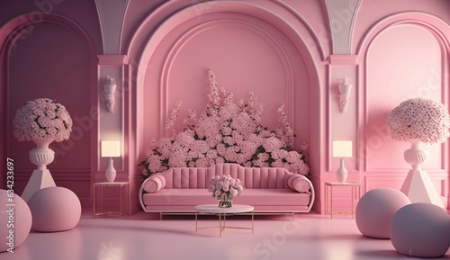 3D art a pink wedding room with floral decoration wide Generative Ai