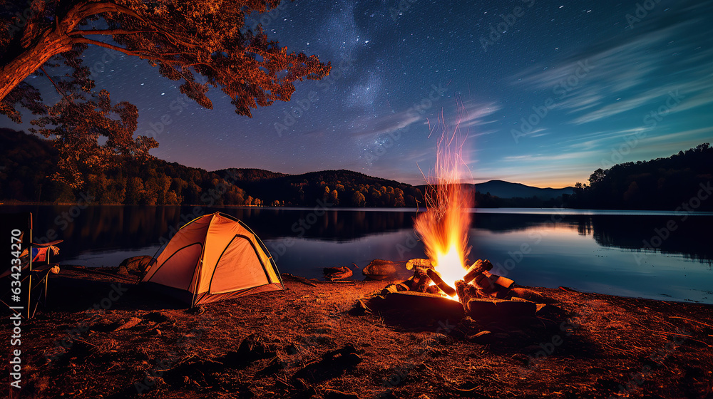 A campfire beneath the serene charm of a lake valley's backdrop. - obrazy, fototapety, plakaty 