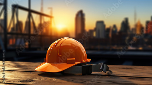 A construction helmet placed against the blurred backdrop of a construction site
