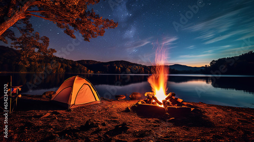 A campfire beneath the serene charm of a lake valley's backdrop.
