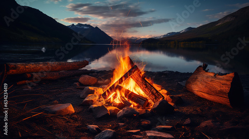 A campfire beneath the serene charm of a lake valley's backdrop.