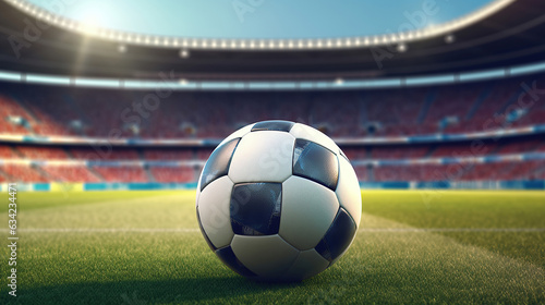 An iconic soccer ball is placed on the field. © maniacvector