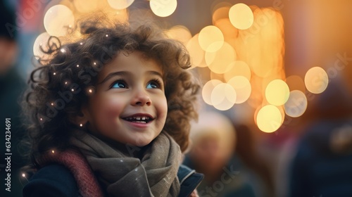 Enchanting Winter Evening: Toddler Boy and the Mystical Yellow Bokeh Lights of the City Sky - Generative AI