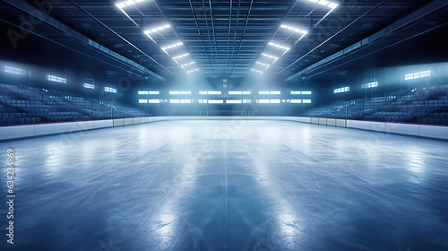 A picturesque winter scene featuring an empty ice rink adorned with lights. © maniacvector