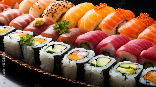 Top view of an assorted sushi 'all you can eat' menu: Rainbow sushi roll, uramaki, hosomaki, and nigiri.