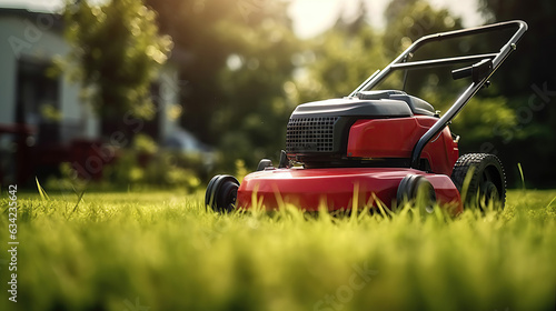 The lawn displays a lawnmower in action.