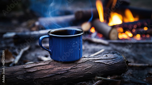A steaming cup of hot coffee, blue enamel against an old log by an outdoor campfire. The camera captures an extreme shallow depth of field with the mug in sharp focus.