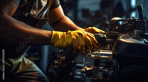 Selective focus captures the gloved hands of a skilled technician  as they open a used Lithium-ion car battery for repair  with an EV car visible in the background.